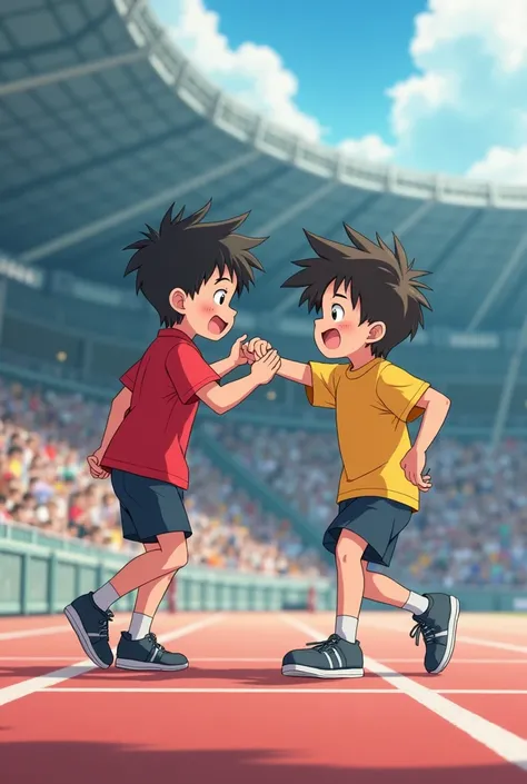 The red shirt boy helps the other yellow boy by helping him stand up from the ground in the 100 m race(Anime boys)