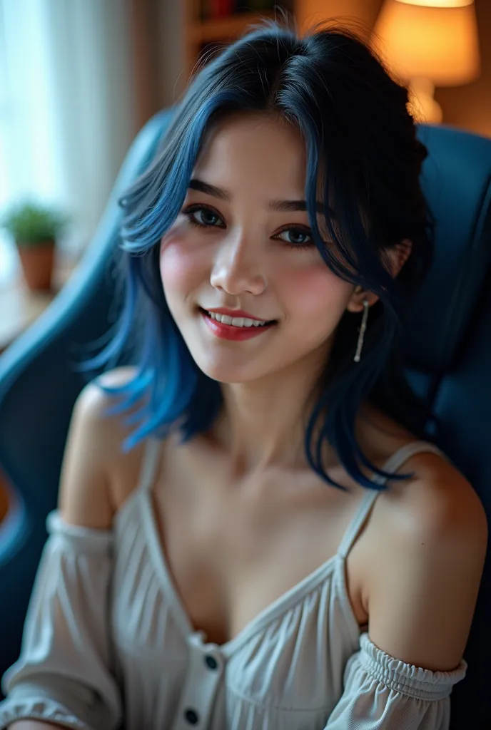 eurasian Girl, dark blue hair sitting in her gaming room, and smilingwith negative prompt : unnatural light, uneven skin and uneven hair 