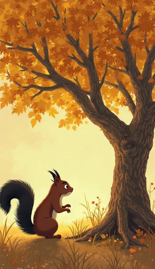 Scene 4: The Tree’s Sorrow
Visual: The next morning—the golden tree droops, leaves brown and cracked. Sammy, a beautiful squirrel his brown body hunched and black tail drooping, stares in horror, clutching his empty cheeks.