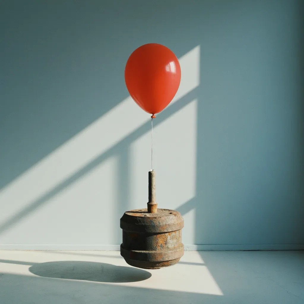 A single, glossy red balloon, floating in mid-air inside a softly lit, minimalistic room with a muted blue wall in the background. Suspended beneath it is a massive, visibly heavy object, such as an iron dumbbell, an old rusted anchor, or a large solid met...