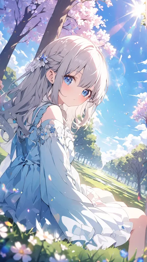 1 girl, blue sky、tree々、Park lawn、flower、Blue Eyes, Grey Hair、sit、 flared skirt seen from below、Accessory, Wide angleショット, Wide angle, Dutch Angle, glitter effect, blurred background, lens flare, 