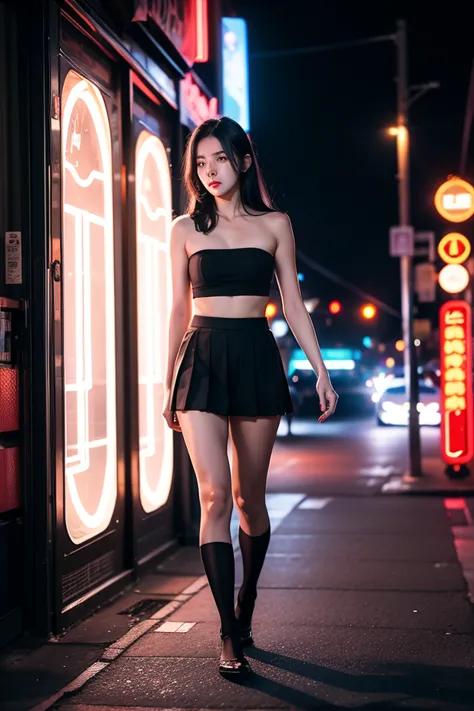 In the night scene of the city, ， a beautiful woman with long straight black hair ， wearing a white tube top with a black pleated skirt，Feet on black stockings， leisurely strolls under the neon lights ， reveals a hint of mystery and coldness in her eyes 