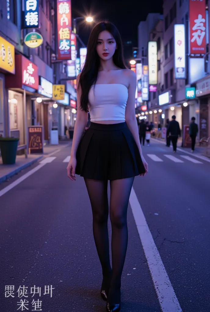 In the night scene of the city, ， a beautiful woman with long straight black hair ， wearing a white tube top with a black pleated skirt，Feet on black stockings， leisurely strolls under the neon lights ， reveals a hint of mystery and coldness in her eyes 