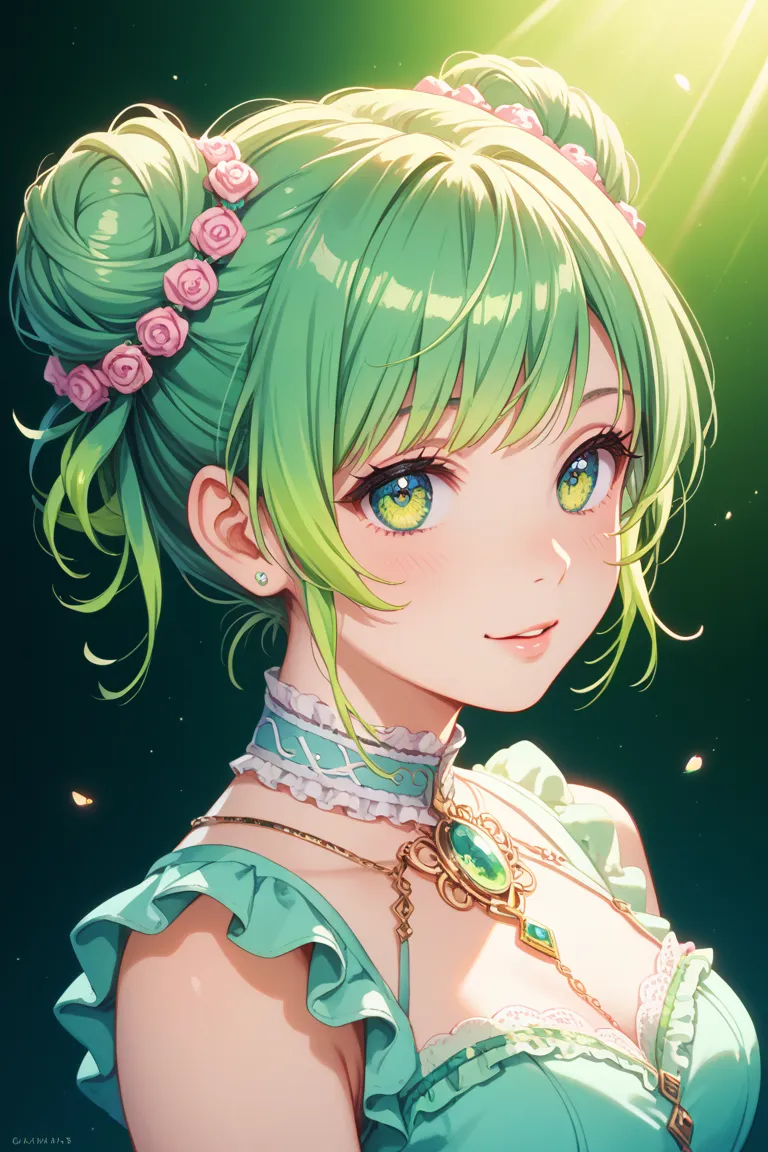 An idol-like girl with a bun tied on the left and right、 hair color is yellow～ Green Gradation