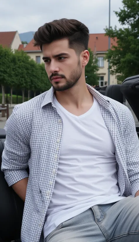 a handsome young turkish guy with muscle, dark very short hair fade middle parting and goatee beard  he wearing a longe sleeved white black checked shirt and a white tshirt  and a light loose jeans he is in a cabrio car with black seats amateur photo rando...