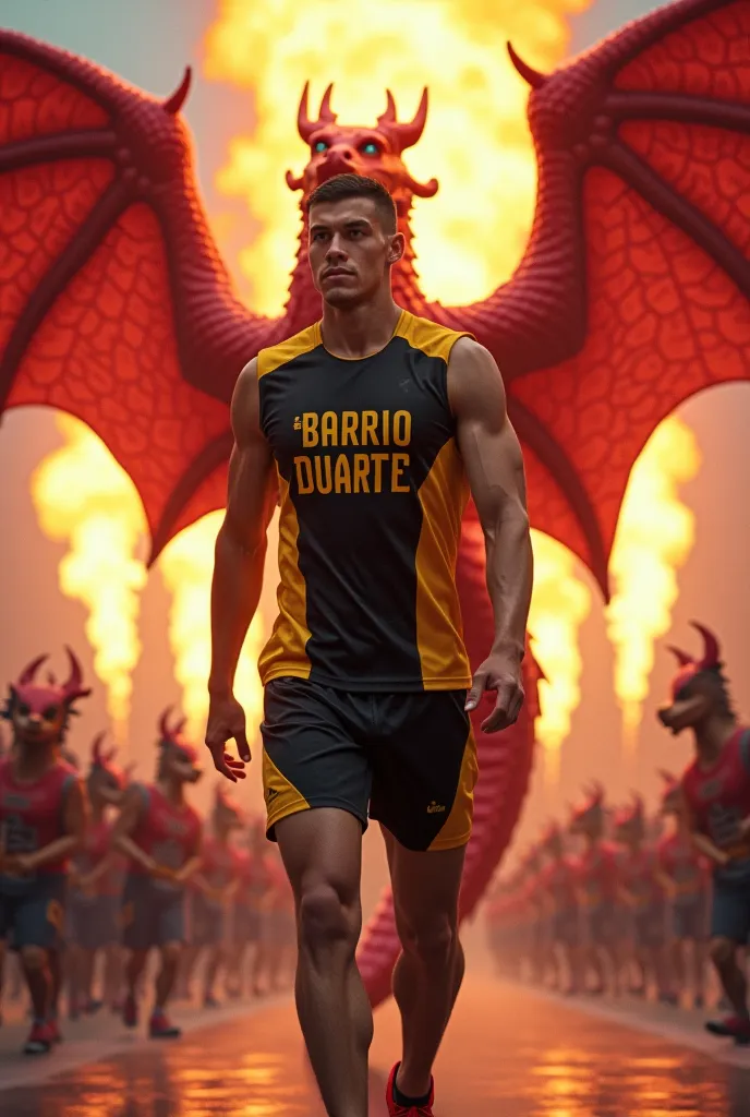 Athlete parading in a black and yellow uniform the name of the team is Barrio Duarte, with realistic red dragons voting fire behind parading next to him