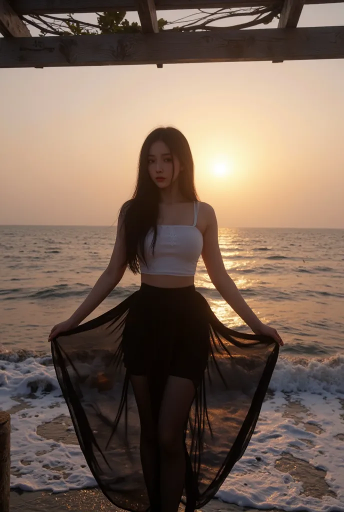 Under the afterglow of the sunset by the sea，Beautiful woman with long black straight hair wearing a white bandeau，The black 100% fold dress was blown by the sea breeze，Black stockings reflected the foam of the waves，, she put her hands on a pergola and lo...