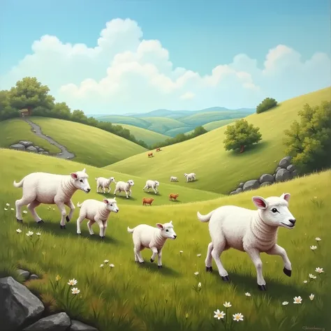 oil painting, hill with lambs, painting, landscape