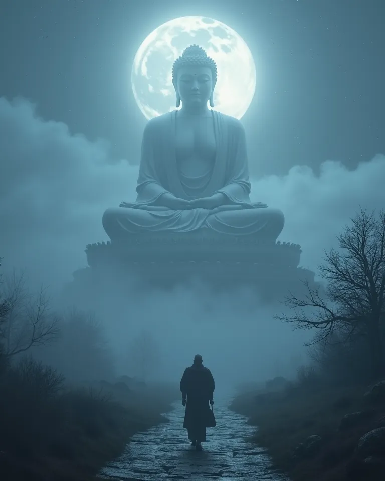 Walk along a long path covered in night mist, heading towards the magnificent white Buddha statue.