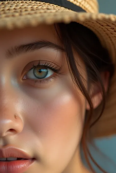 Eye enlargement, personal image with fine details, pensive facial expression,  Beautiful facial features , elegant, Clear, High quality, 4K, HDR, studio lighting, Accurate shading,  straw hat Bright colors , great visual effects, Calm atmosphere, distincti...