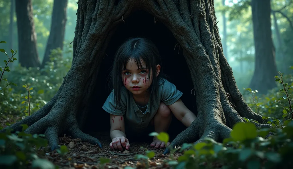 A girl is very scared under a big tree in the forest, a bear is looking for her, the girl is cut on her face and cheeks, blood is on her clothes, cinematic scene