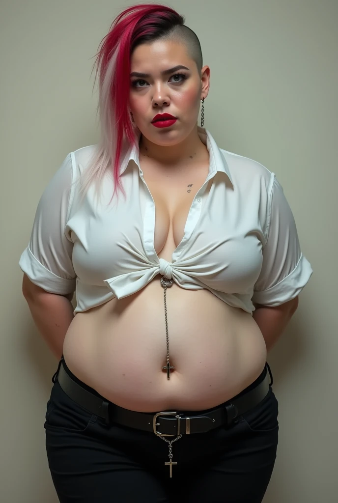 Fat female student, bully, wears a school uniform, blouse tied up tight, long tight black pants, belly is exposed and hangs low, punk hairstyle, left side is shaved, right side has short white and red dyed hair, clevage, belly button piercings as a hanging...