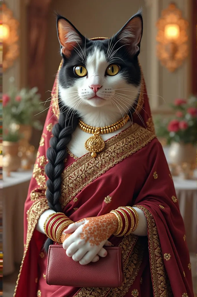 "A highly detailed and realistic anthropomorphic cat dressed in a traditional Indian bridal saree. The cat has a white and black fur pattern, wears elegant gold jewelry, including a necklace, bangles, and earrings. It has a long braided hairstyle adorned w...