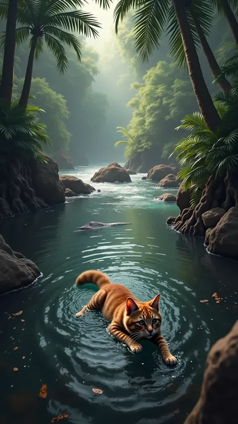 Wide Shot: A dangerous jungle river scene, realistic The cat has a hand injury,Cat unconscious floating on river