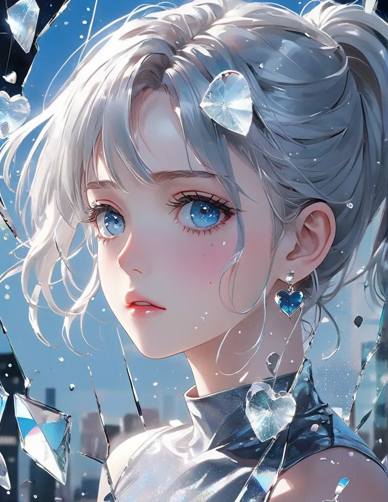 ( anime style:1.4),超Hi-Res,  Attention to Details , high quality, Hi-Res, 最high quality, 4K, 8k,posters、 artwork、 famous artist's work 、 Stylish and Cool Work、 Girl Reflected in Broken Glass 、front view、face、cute girl with a sad expression, tears, glitter ...