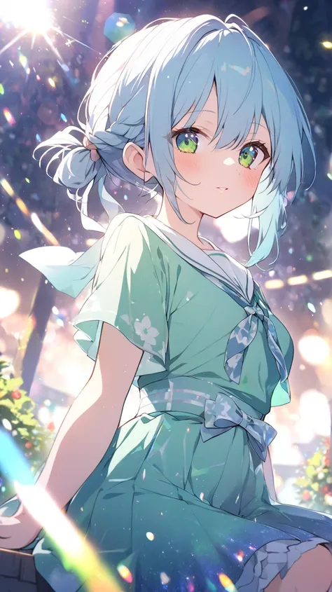 1 girl, green空、tree々、Park lawn、flower、greenい目, green/light blue hair tied at the top、sit、 flared skirt seen from below、Accessory, Wide angleショット, Wide angle, Dutch Angle, glitter effect, blurred background, lens flare, 