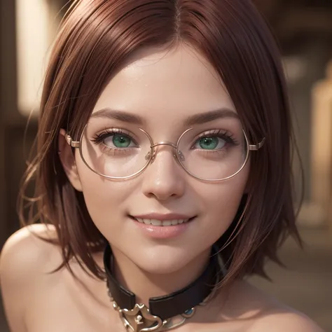 (close-up, face:1.2). Short, (red hair, green eyes:1.2), (diopter glasses with metal frames:1.2), ( nude:1.6), ( collar:1.2), ( smile:1.3) girl . ( Masterpiece , top quality shirt, best quality, official art,  beautiful and aesthetic:1.2),  extremely detai...