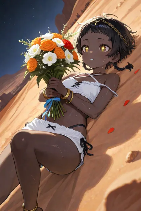 sweat, criss-cross straps, straps slip, desert, night, anklet、bracelet、 HEAD CHAIN、Chain accessory for stomach、very dark skin++,pixie cut++,Very short bangs、side braids、is delighted、 holding a bouquet of flowers,on back,