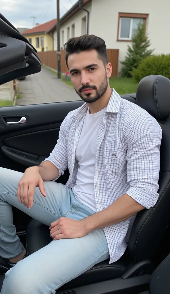 a handsome young turkish guy with muscle, dark very short hair fade middle parting and goatee beard  he wearing a longe sleeved white black checked shirt and a white tshirt  and a light loose jeans he is in a cabrio car with black seats amateur photo rando...