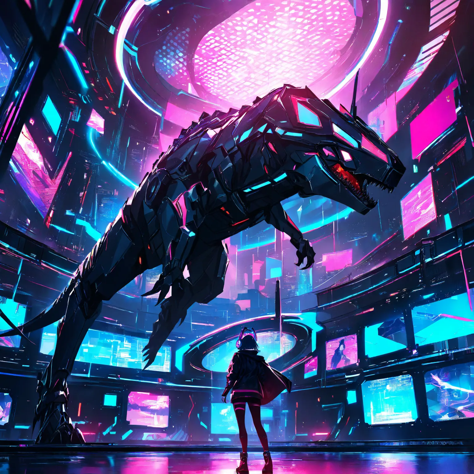 High resolution, Small dinosaur,  headphone , laboratory environment, dramatic lighting, anime atmosphere, digital art 