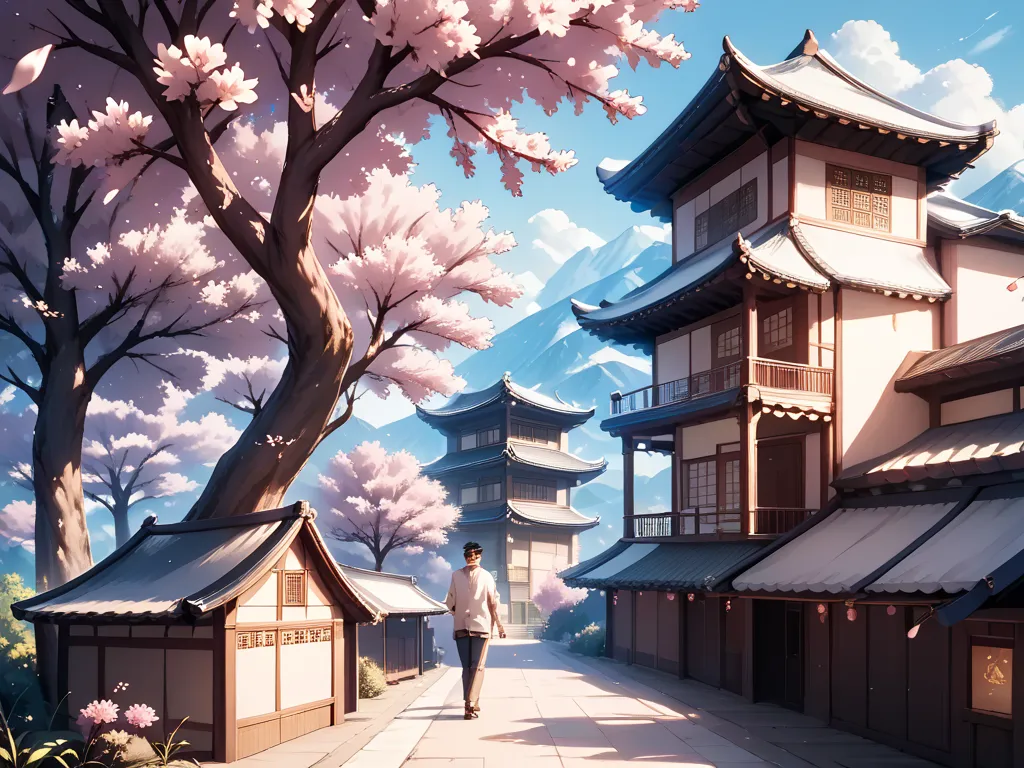 What is an image of a high school man and woman walking under a cherry tree while talking