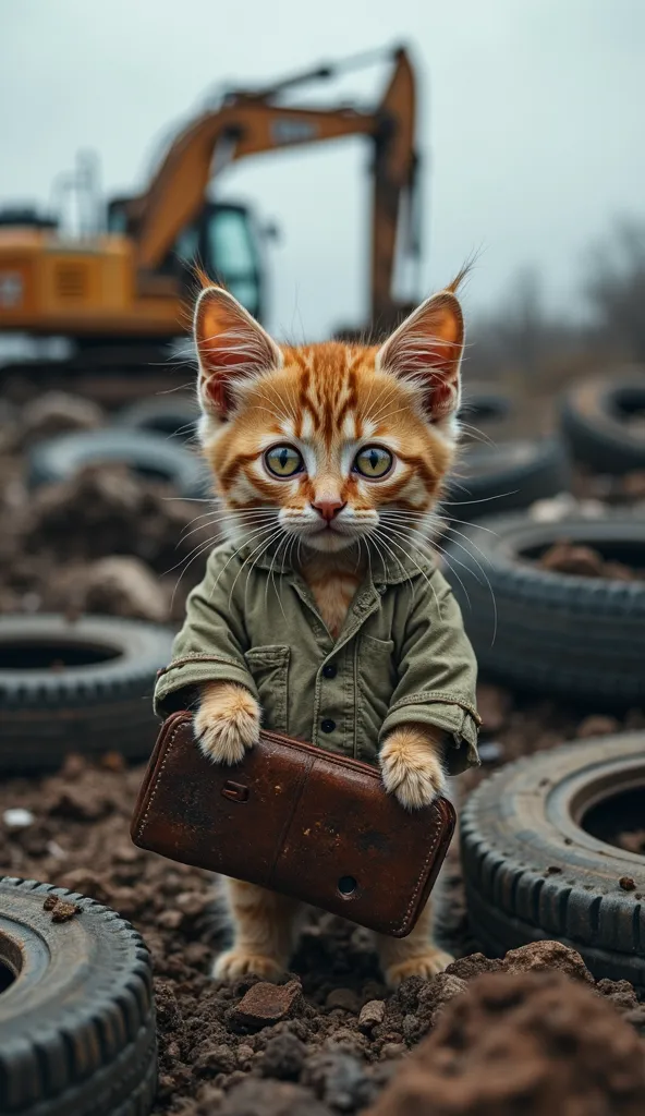 "A small kitten with wet, tangled fur stands in the middle of a pile of junk, with a big eye expression full of sadness and hope. He was wearing a shabby shirt that had been torn in parts, appears too big for his . His tiny hands held an old open wallet, a...