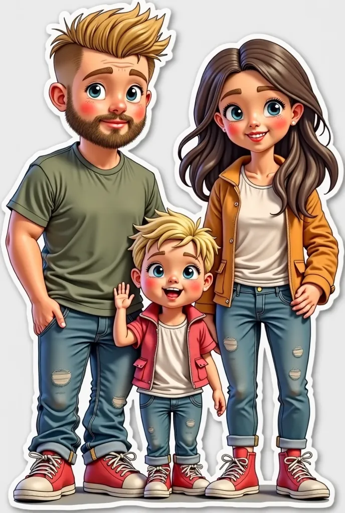 Father mother toddler and baby stickers for the car, the mother who wears pants, everyone who wears converse type sneakers, the father with blond hair and a little beard, to give the father blue eyes to the  brown hair and eyes, Brown-eyed mother also play...