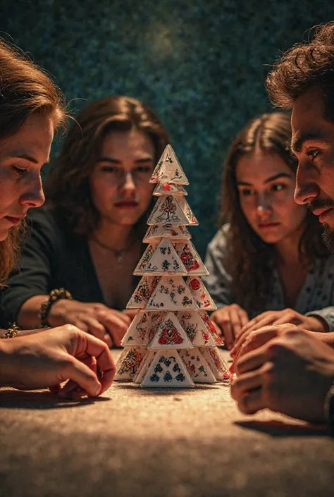 image of 4 people playing a game with dice on their hands and triangular pyramid stacked deck cards