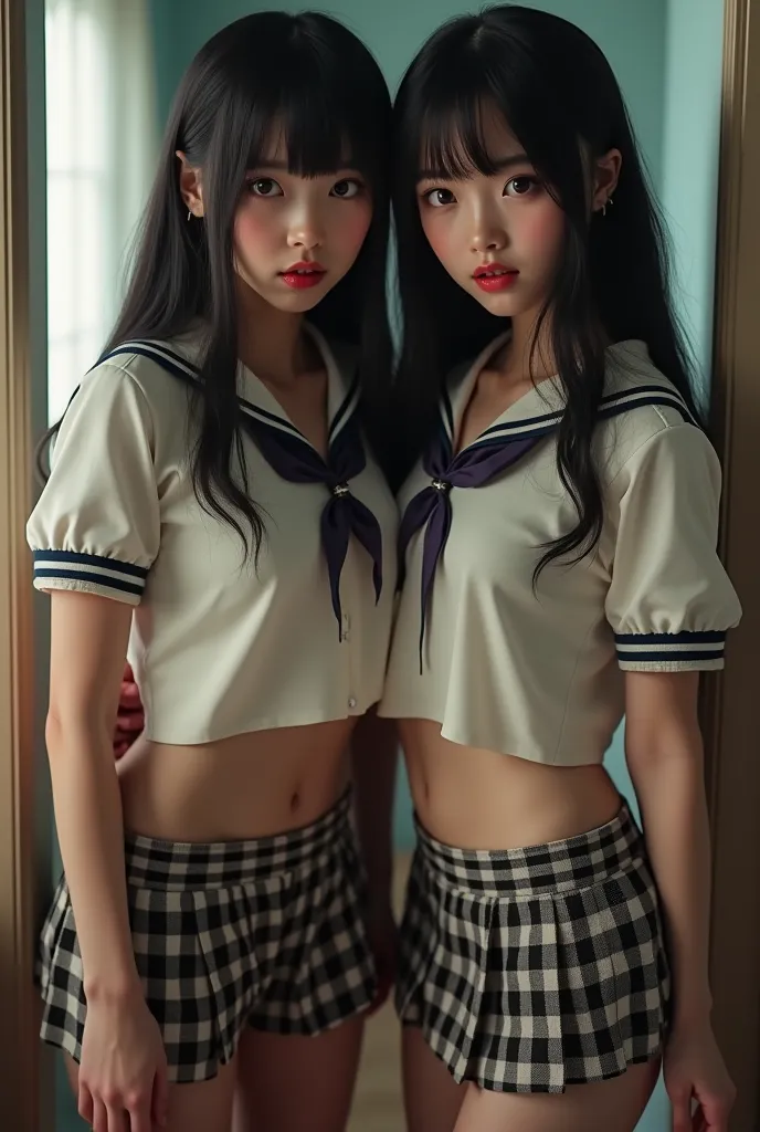 (ultra realism), (Photorealistic), (cinematographic photo)  a beautiful and sexy red and black checkered microskirt for 2 twin schoolgirls, long black hair,  cute butt.  big red lips , long eyelashes, ((short white blouse")), ( small and short ), sonrisa s...