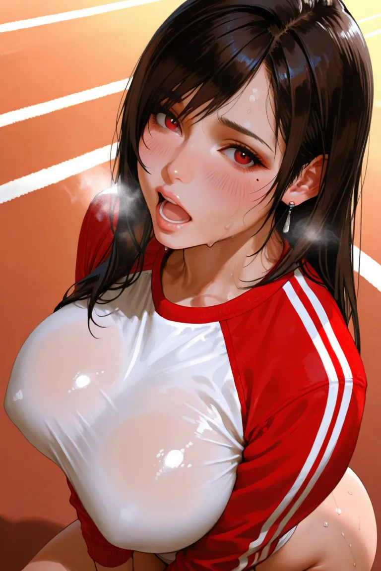 Best Quality,high contrast,realistic,from above, tifa Lockhart,beautiful artwork,Married Woman ,mole under eye,training wear,Blush the shrew, open mouth,glossy skin,naughty sexy,sweat,White Breath,glossy lips,embarrassing,bitten lip ,Big Butts, plump breas...