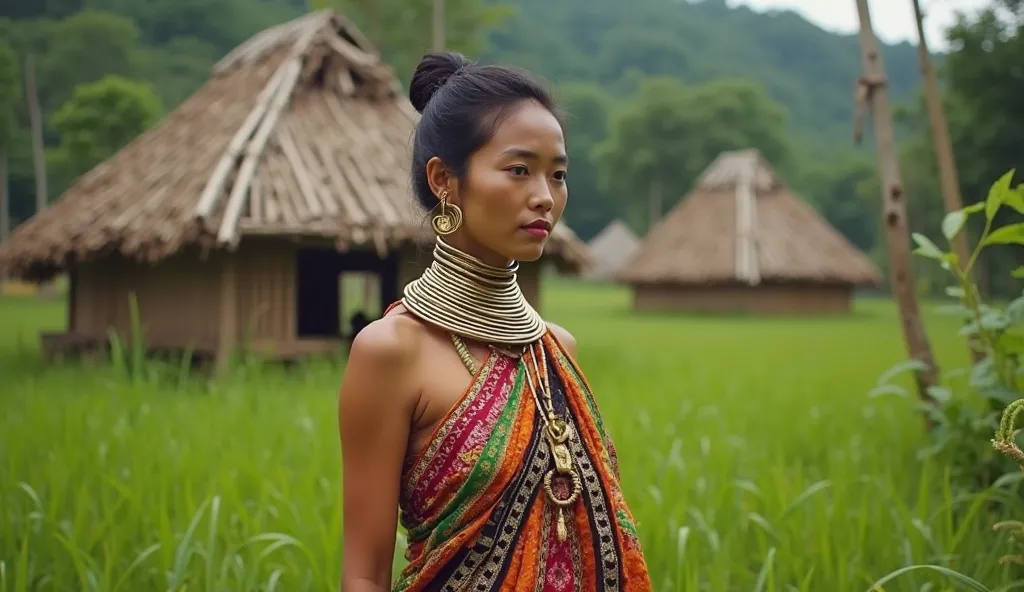 Create an image of a traditional Burmese Padaung woman wearing distinctive brass neck coils, with her long neck adorned by several layers of gold or brass rings. She has a serene expression and is dressed in a colorful, traditional outfit with intricate pa...