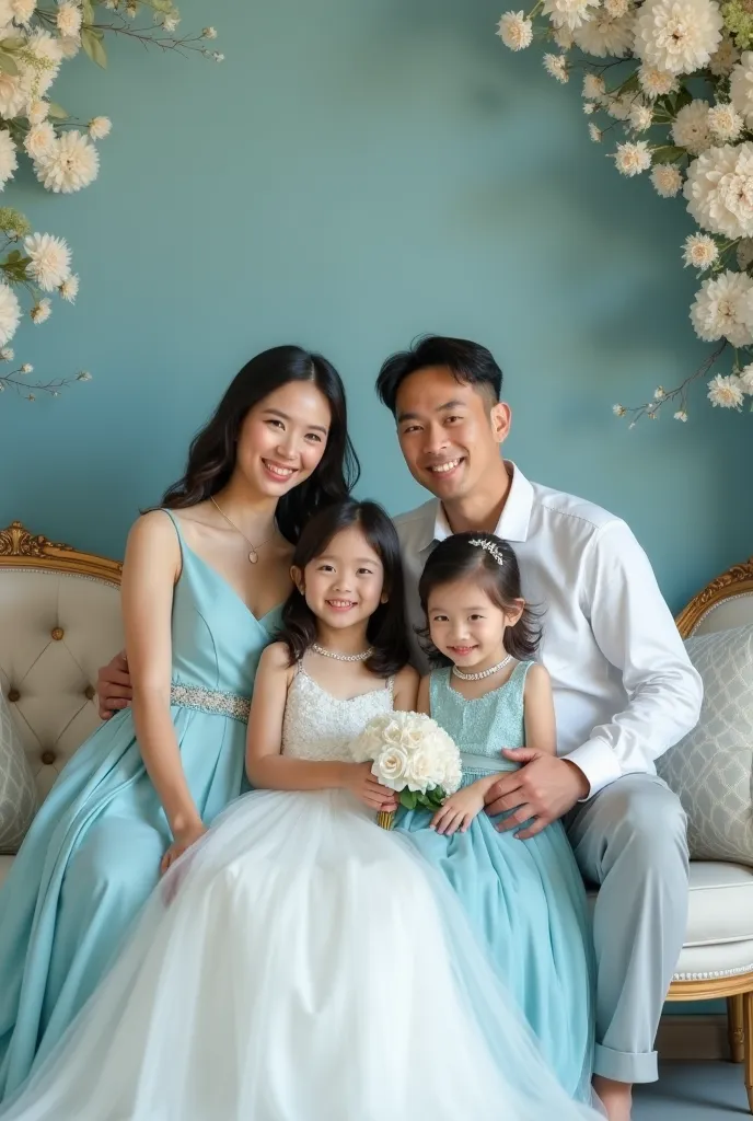 Please add the family to the picture while wear clothes color that complement the baby blue's bridal color and couch/dais color