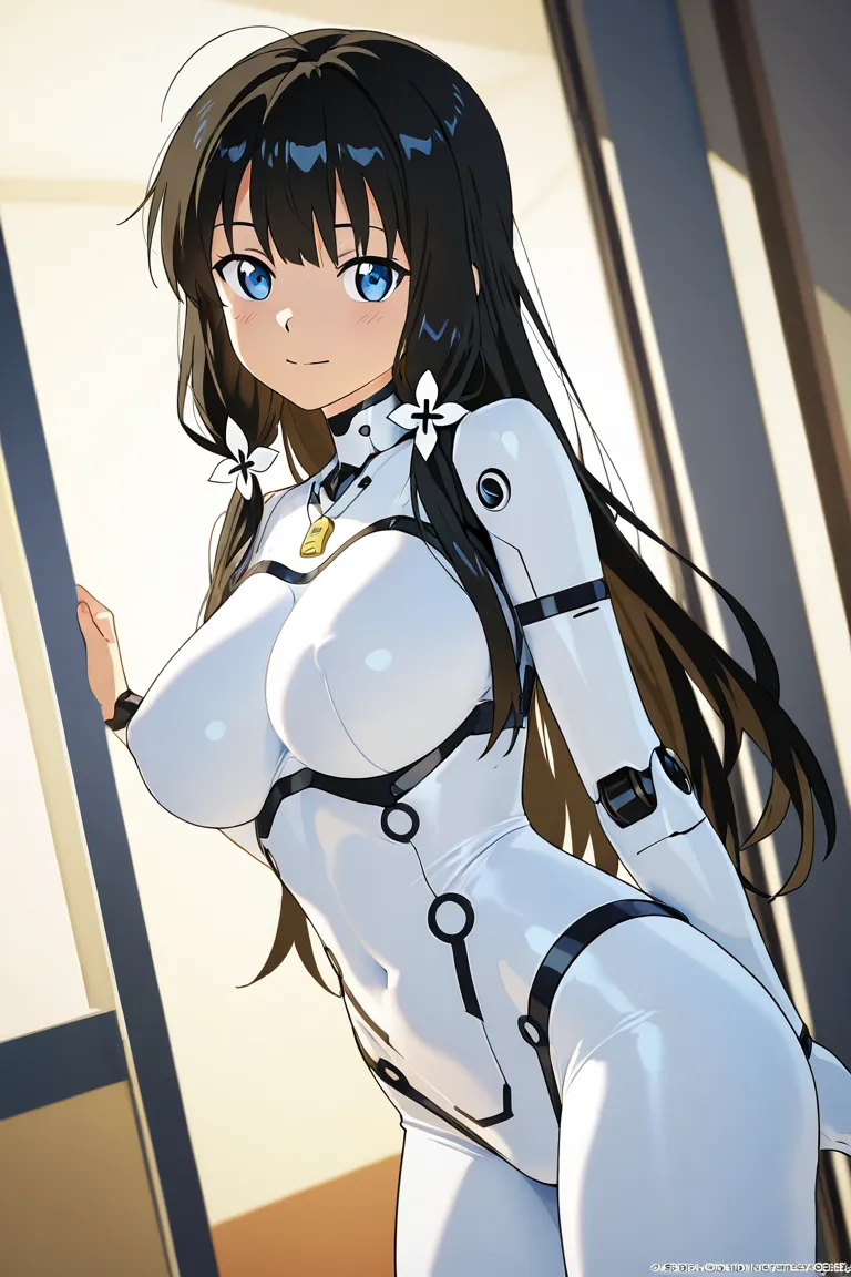 anime style, 1girl, younger female, big breasts, cyborg, robot joints, bodysuit, kuudere, cute, 3d, nsfw, perfect hands, high resolution, high quality, hd