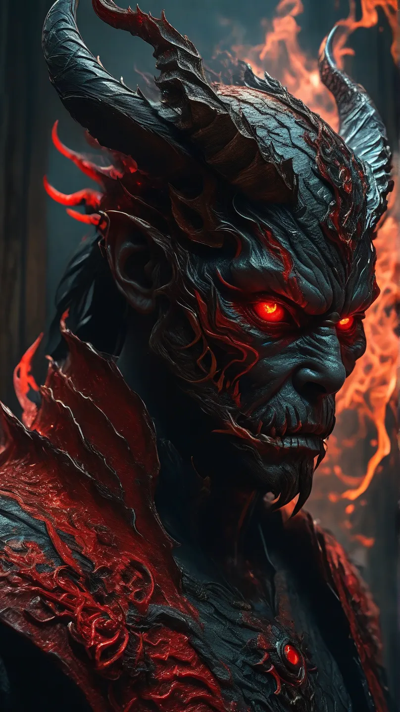 best quality,ultra-detailed,(realistic:1.37),detailed red demon with glowing eyes and sharp teeth,ominous atmosphere,Japanese traditional demon mask,dark and eerie background,menacing expression,ominous shadows,great attention to facial details,traditional...