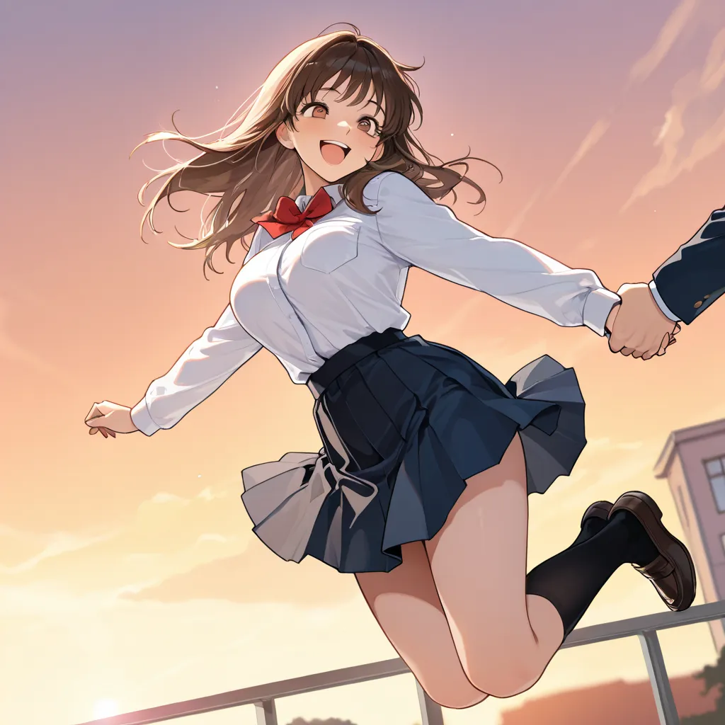 masterpiece, best quality, (perfect face:1.1), (high detail:1.1), (super detailed eyes),Woman Jumping ,( Gold), happy expression with her breasts , high school student,Jumping for joy,To be able to see the whole body,uniform, detailed background,Holding ha...