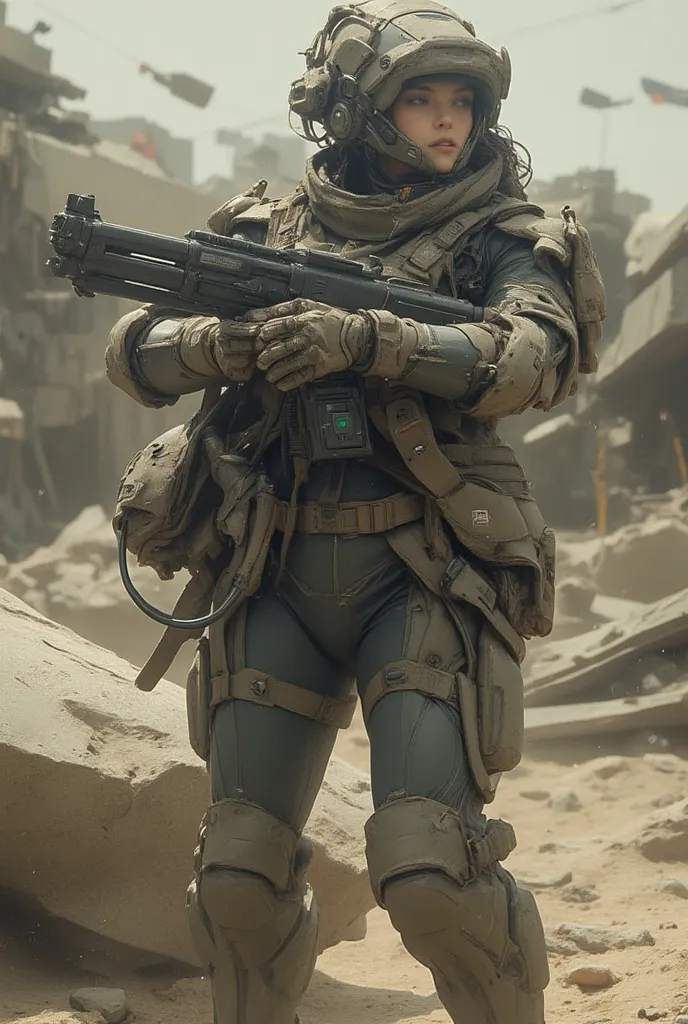 Realistic Near Future 、  realistic expression、 Standing in the Dust 、 beautiful Japanese women in the Allied Special Forces 、jpn mark 、 The damage battle suit 、Futuristic headgear、 I connected the pack-type energy bag to the blaster gun with a single cable...