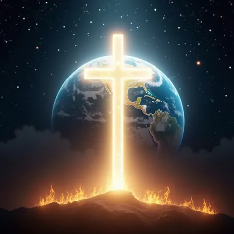 A cross that radiates light. Behind it, the Earth is the same size as the cross. Around it, a dark background of a starry universe. Fire is burning in the lower part of the image.