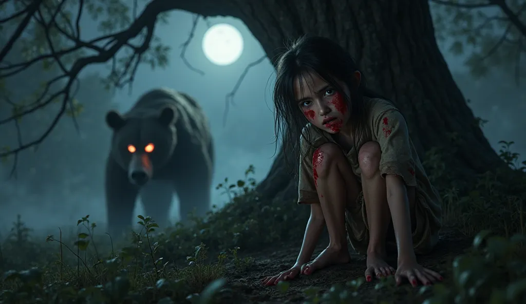 A terrified young girl crouches under a massive tree in a dark, misty forest at night. Her face and cheeks are cut, with fresh blood trickling down, staining her tattered clothes. Her wide, fearful eyes glisten in the dim light as she holds her breath. In ...