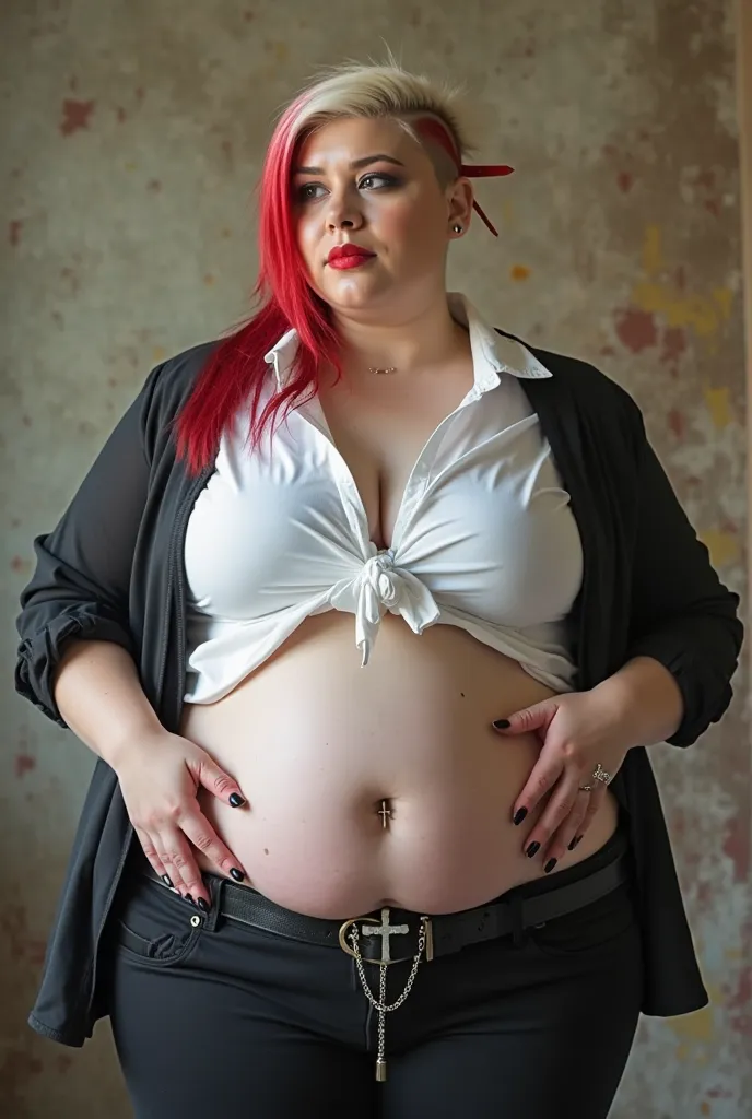 Fat female student, bully, wears a school uniform, blouse tied up tight, long tight black pants, belly is exposed and hangs low, punk hairstyle, left side is shaved, right side has short white and red dyed hair, clevage, belly button piercings as a hanging...