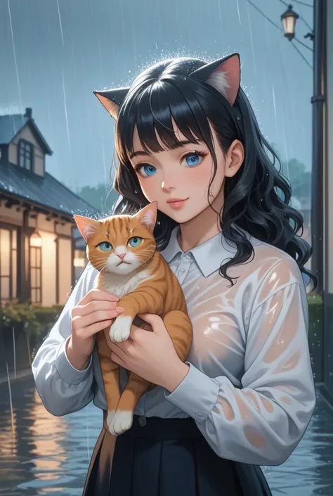 Anime Girl, 26 years old, black hair, wavy hair, fringe, blue eyes, little curvy body, under the rain, carrying a cat in her arms