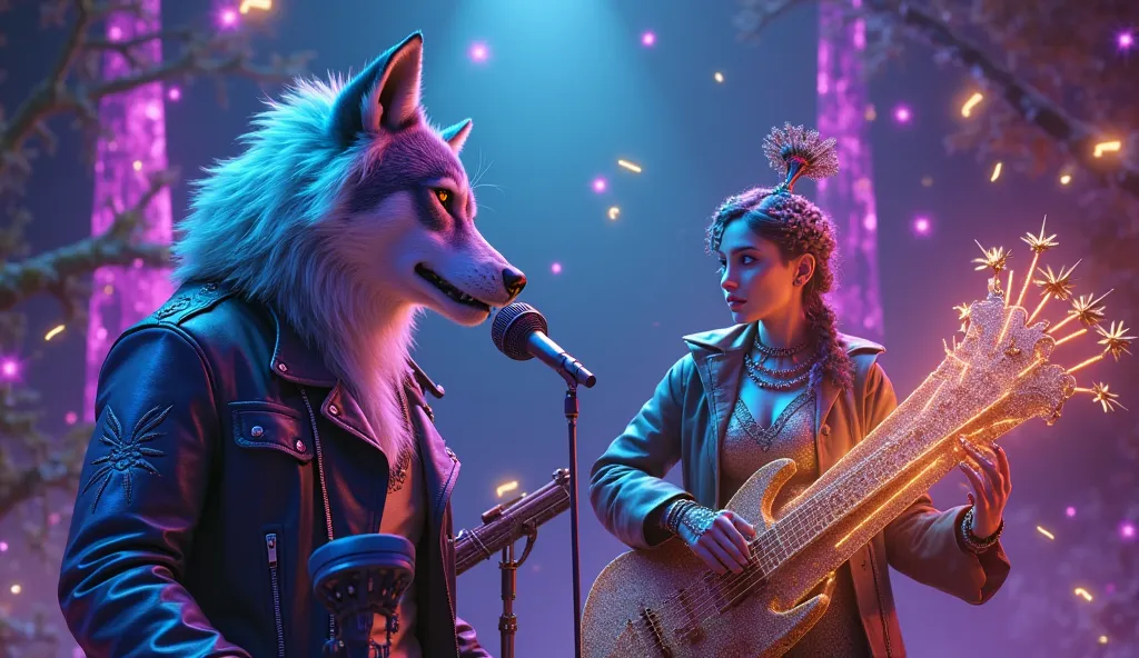 Cinematic fantasy pop music thumbnail, anthropomorphic 'Beautiful Beasts' performing on a magical stage. A majestic wolf with glowing neon-blue fur wearing a stylish leather jacket, passionately singing into a vintage microphone. Beside it, an elegant peac...