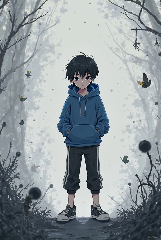 Solo boy anime, short black hair, blue jacket with hood, black pants with whites stripes, gray background with images of the hollow knight game, tsukatsuki Rio and tokisaki kurumi.