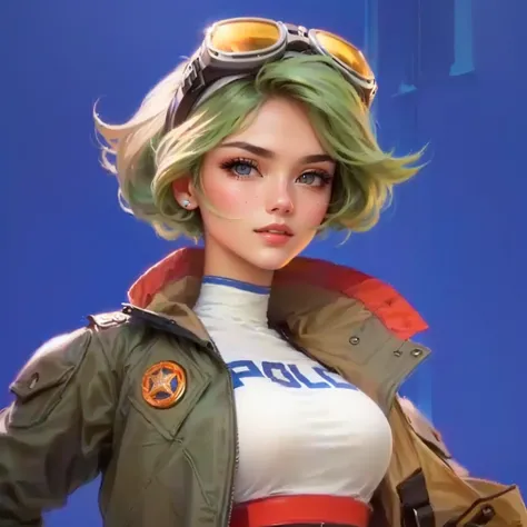 CLOSE UP OF WOMAN IN JACKET AND GOGGLES,  close-up character ,  Pilot Girl, close-up character portrait, Retrofuturistic Heroine, LIKE A RETRO FUTURISTIC HEROINE、girls , （Big Breasts）、BIG EYES BEST QUALITY、Greatest Masterpiece、 real 、Photo、4K HIGH RESOLUTI...