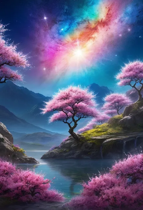  crystal spring blossom,
 fantasy,  Milky Way, transparent, 
 twinkle in both armpits,  twinkle in both armpits, wonderful, colorful, 
Magical Painting, Dramatic Lighting, Photorealism, Very Detailed, 4K, Description Border Depth, Hi-Res