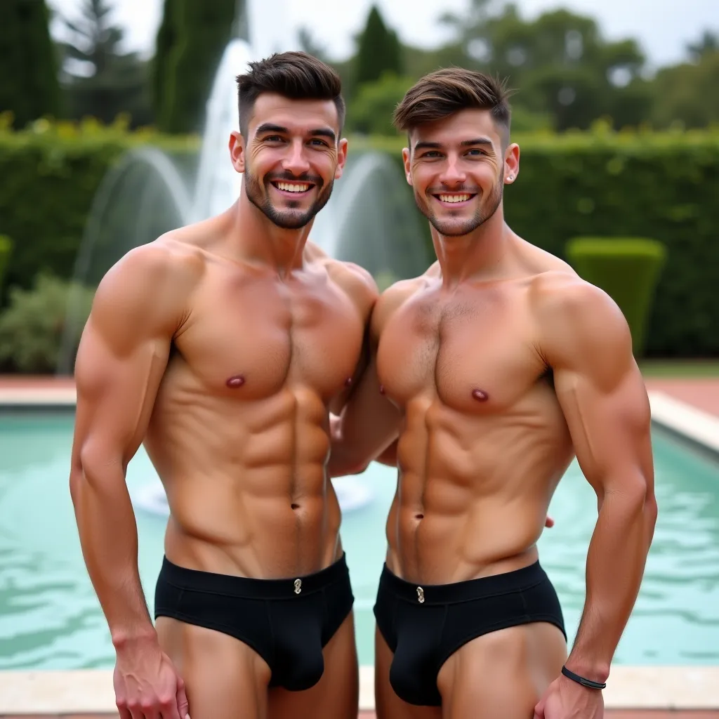 2 Latino Men ,one brown and one brown hair with straight and short bangs ,naked , model,  Brasileiro ,fair skin , fringe on straight and short hair,with blue and green eyes ,bodies , with a thick shell, with a big, upturned ass , In the background a garden...