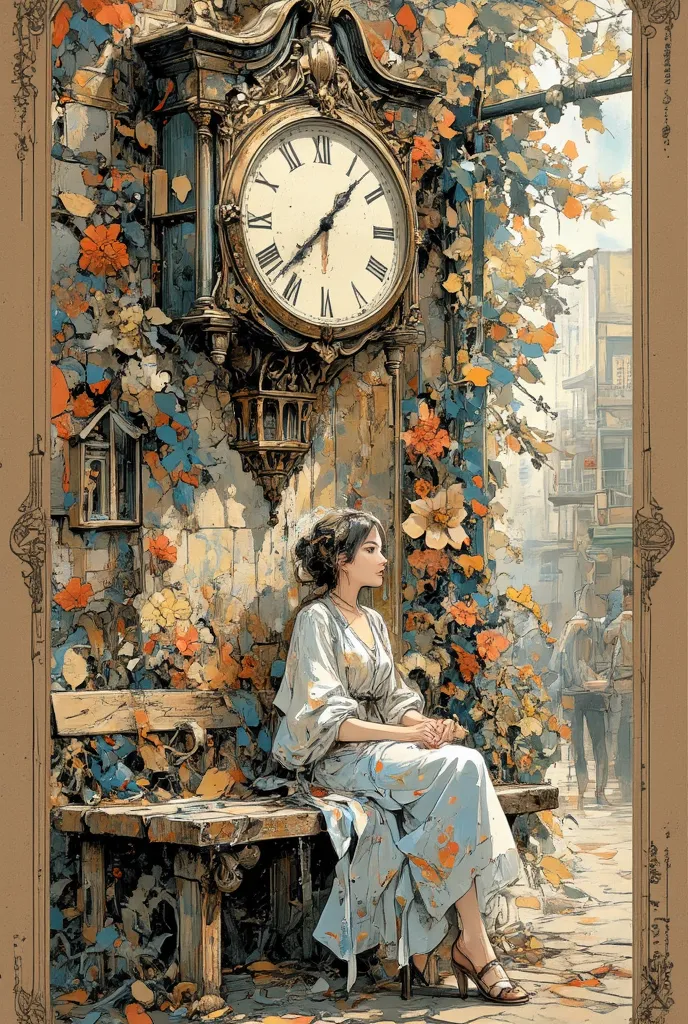 pulsing with fantastic light  **beautiful woman** sitting gracefully ** street bench **,  wear clothes **delicate,  Elegant dress** gently flowing around her.  she has her own  **watching with quiet anticipation**, waiting for someone. a **large wall clock...