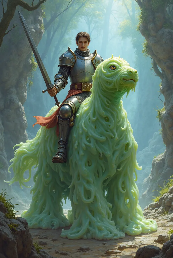 A knight sits on top of a round slime monster