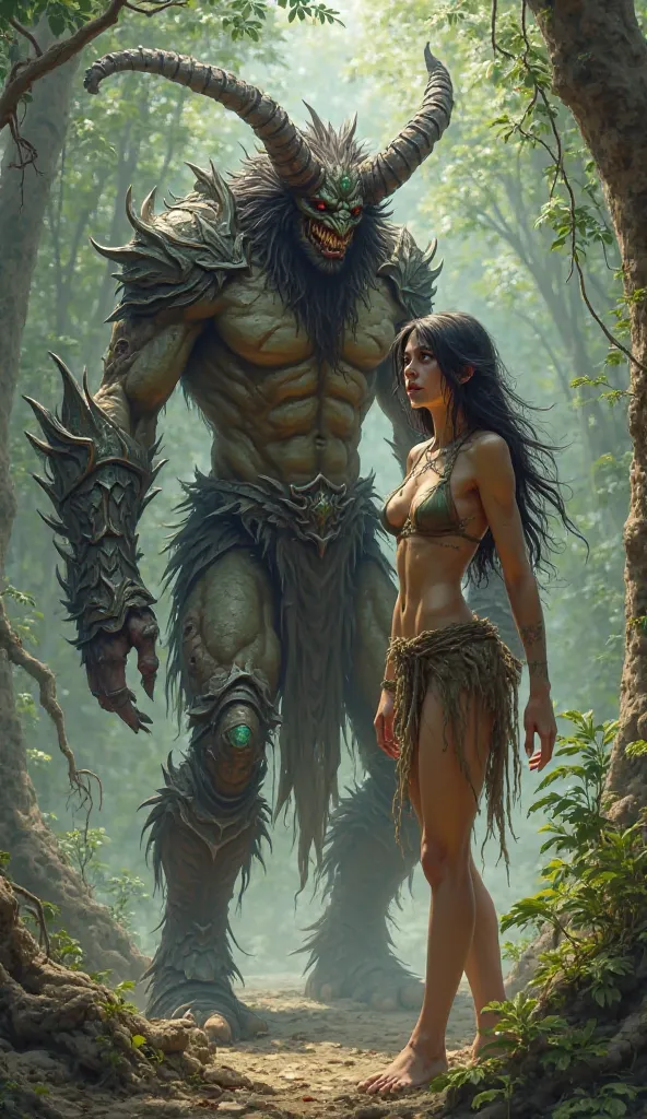 A very detailed image of a demon of chaos in skimpy armor next to a wood elf female with  revealing clothes,but make it appropriate for watching, also make the wood elf a bit scared,((safe for work)),