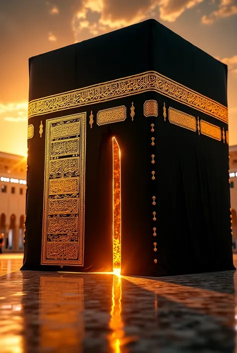 "A highly detailed and realistic image of the Kaaba door in Mecca, adorned with intricate golden Arabic calligraphy on a black silk fabric. The door is slightly open, revealing a glimpse of the sacred interior. A warm, golden light softly illuminates the s...