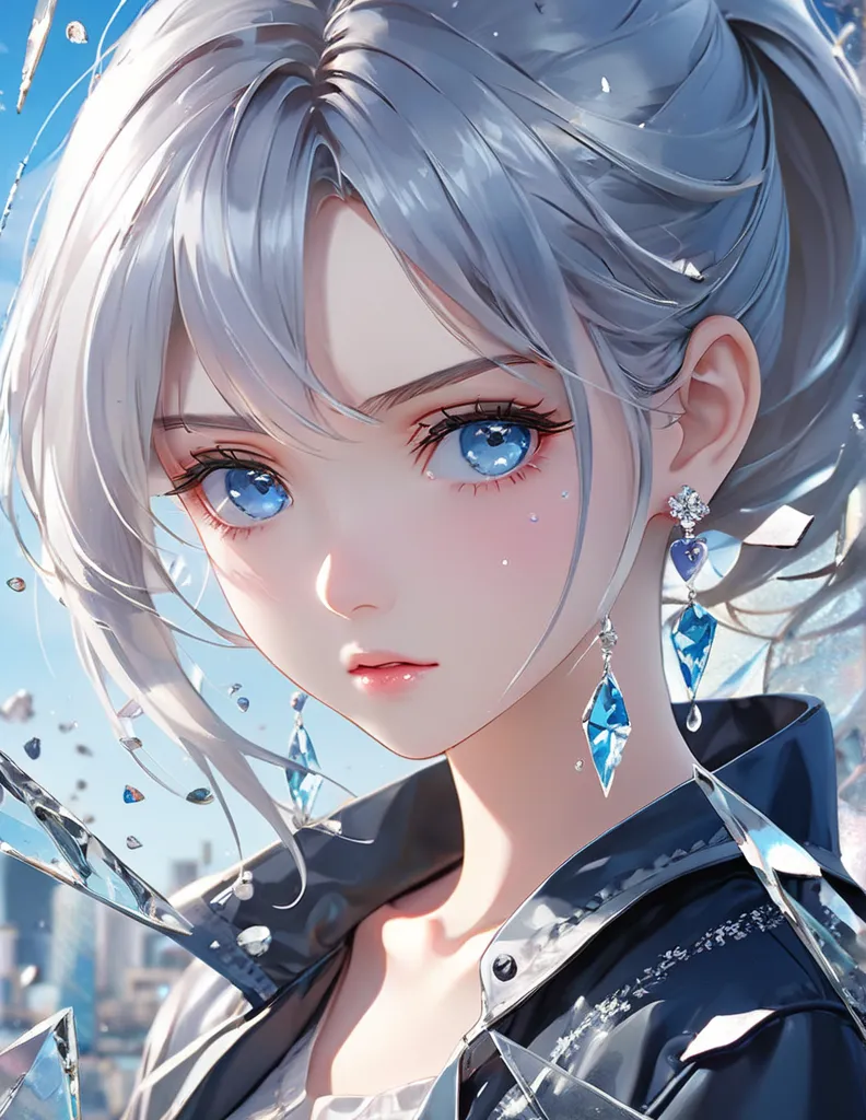 ( anime style:1.4),超Hi-Res,  Attention to Details , high quality, Hi-Res, 最high quality, 4K, 8k,posters、 artwork、 famous artist's work 、stylish and cool piece、 Girl Reflected in Broken Glass 、front view、face、sad expression、cute girl, tears, glitter effect ...